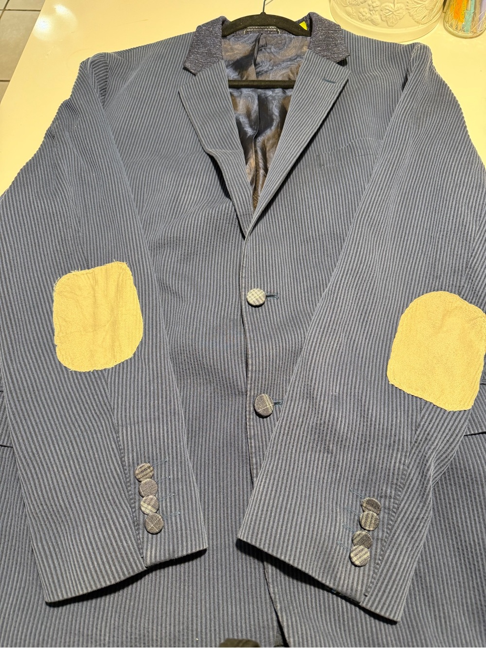 Robert Graham Ribbed Cotton Viscose Sport Coat Navy 2 Btn Elbow Patch Sz 44